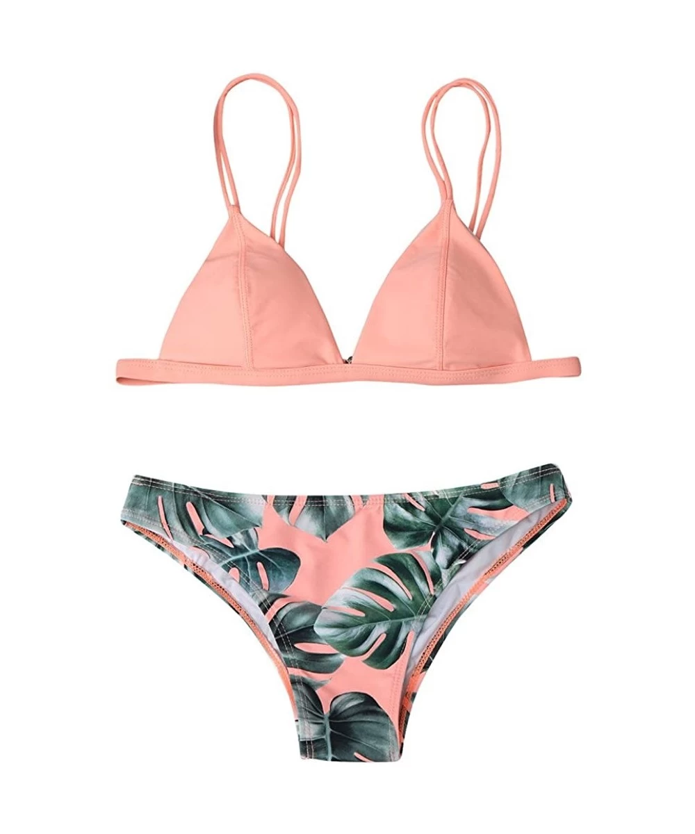 Sets Fresh Leaves Printing Cross Padding Bikini Set- Women's Wrap Top Floral Bottom Bathing Suit Two Piece Sexy Swimsuit - Pi...