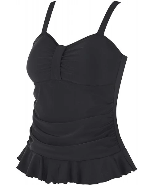 Tankinis Women's 50's Retro Ruched Tankini Top Shirred Swimwear Flyaway Bathing Suits - Black - CJ18S6W33YY