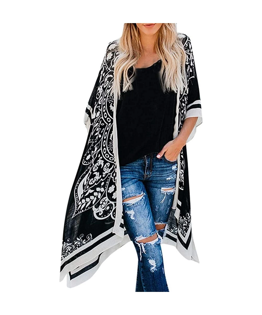 Cover-Ups Women Bohemia Cover Ups Retro Printed Cardigan Beach Bikini Cover-Ups Sun Protection Shirt Blouse Top - Black - CU1...