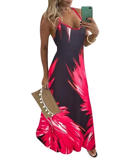 Cover-Ups Tie Dye Maxi Dresses for Women - Spaghetti Straps Plus Size Flame Print Long Dresses - Rose Red - CV196UIL30X