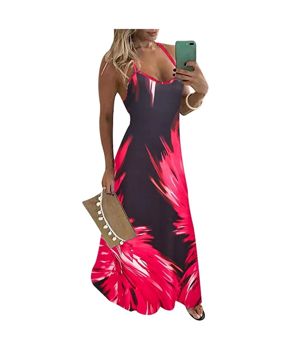 Cover-Ups Tie Dye Maxi Dresses for Women - Spaghetti Straps Plus Size Flame Print Long Dresses - Rose Red - CV196UIL30X