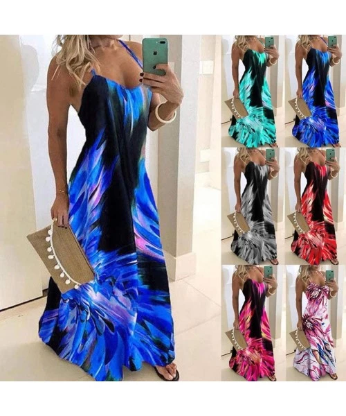 Cover-Ups Tie Dye Maxi Dresses for Women - Spaghetti Straps Plus Size Flame Print Long Dresses - Rose Red - CV196UIL30X