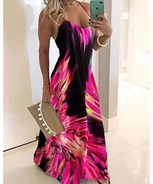 Cover-Ups Tie Dye Maxi Dresses for Women - Spaghetti Straps Plus Size Flame Print Long Dresses - Rose Red - CV196UIL30X