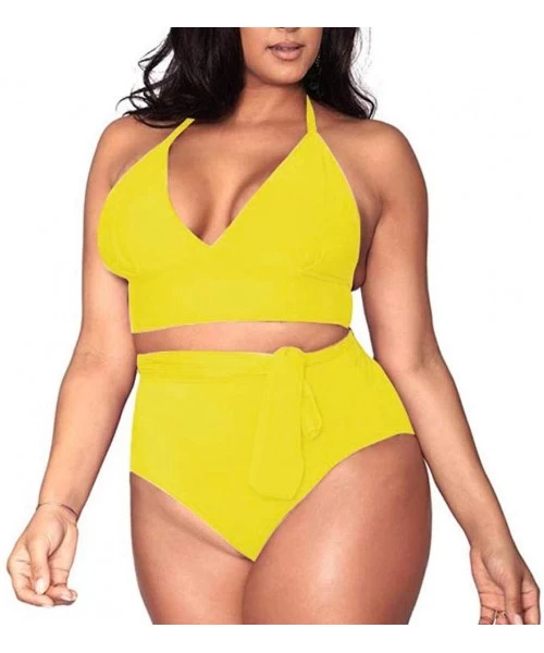 Sets Women's Plus Size High Waisted Tummy Control Swimwear Swimsuit Full Coverage Fashion Solid Two Piece Bikini Sets Yellow ...