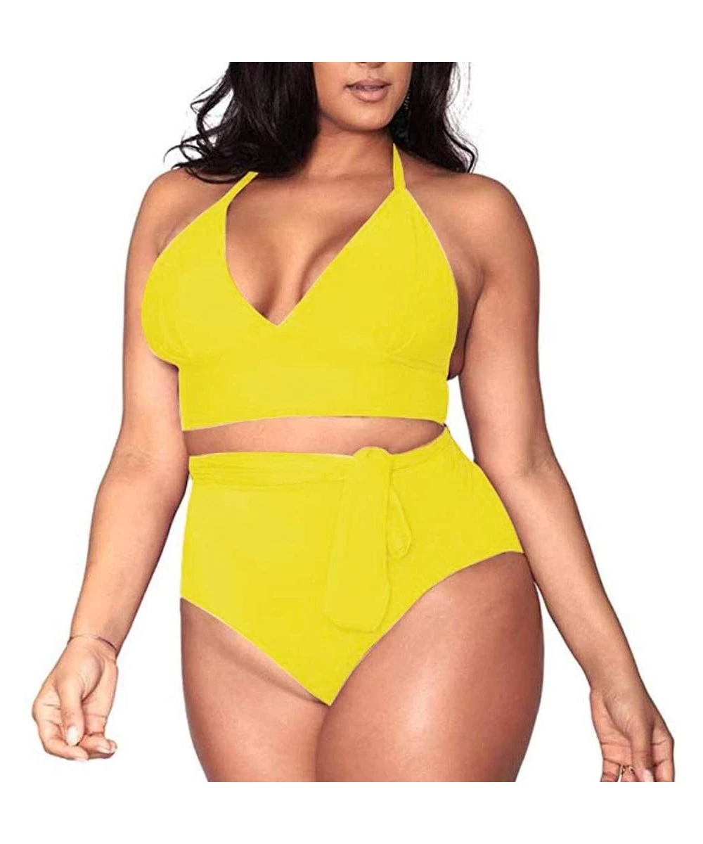 Sets Women's Plus Size High Waisted Tummy Control Swimwear Swimsuit Full Coverage Fashion Solid Two Piece Bikini Sets Yellow ...