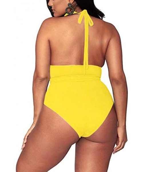 Sets Women's Plus Size High Waisted Tummy Control Swimwear Swimsuit Full Coverage Fashion Solid Two Piece Bikini Sets Yellow ...