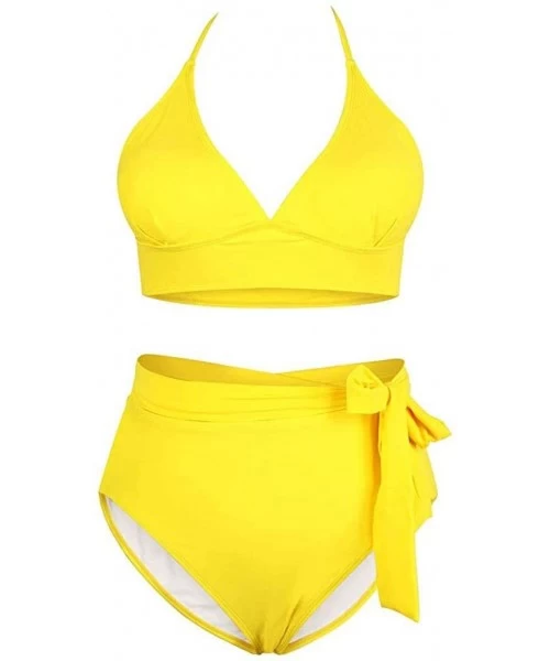 Sets Women's Plus Size High Waisted Tummy Control Swimwear Swimsuit Full Coverage Fashion Solid Two Piece Bikini Sets Yellow ...