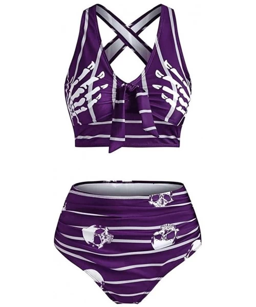 Sets Bikini Women Push-Up Padded Bikini Skull Striped Print Cut Out Padded Tankini Set - Purple - C519C2ST38C