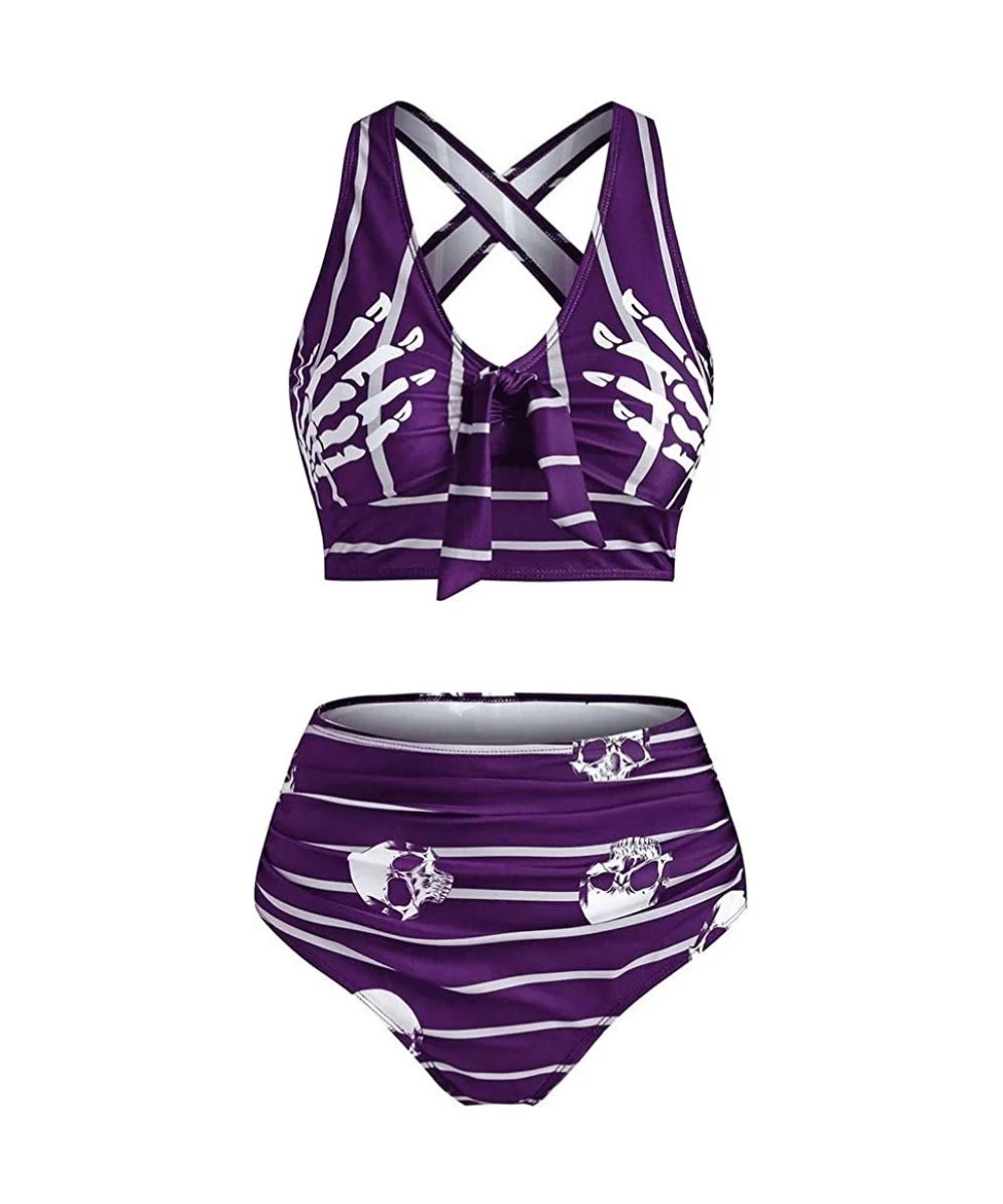 Sets Bikini Women Push-Up Padded Bikini Skull Striped Print Cut Out Padded Tankini Set - Purple - C519C2ST38C