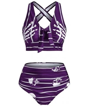 Sets Bikini Women Push-Up Padded Bikini Skull Striped Print Cut Out Padded Tankini Set - Purple - C519C2ST38C