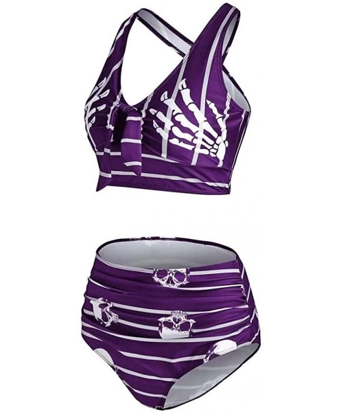 Sets Bikini Women Push-Up Padded Bikini Skull Striped Print Cut Out Padded Tankini Set - Purple - C519C2ST38C