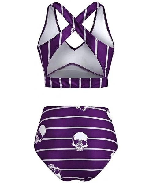 Sets Bikini Women Push-Up Padded Bikini Skull Striped Print Cut Out Padded Tankini Set - Purple - C519C2ST38C