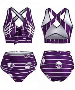 Sets Bikini Women Push-Up Padded Bikini Skull Striped Print Cut Out Padded Tankini Set - Purple - C519C2ST38C