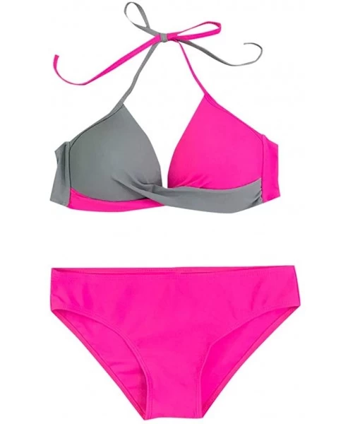 Sets Women Padded Push up Bra Bikini Set Swimsuit Plus Size High Waisted Two Piece Beach Bathing Suit Swimwear Hot Pink - C61...