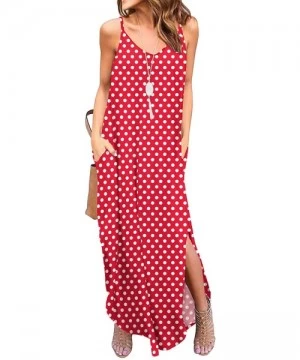 Cover-Ups Women's Summer V Neck Long Cami Casual Beach Cover Up Maxi Dresses with Pocket - 23 Fp Pd Red - CD19DL4I5S5