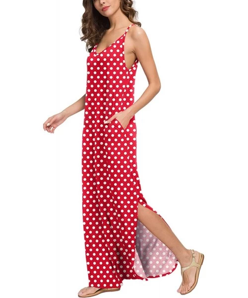 Cover-Ups Women's Summer V Neck Long Cami Casual Beach Cover Up Maxi Dresses with Pocket - 23 Fp Pd Red - CD19DL4I5S5