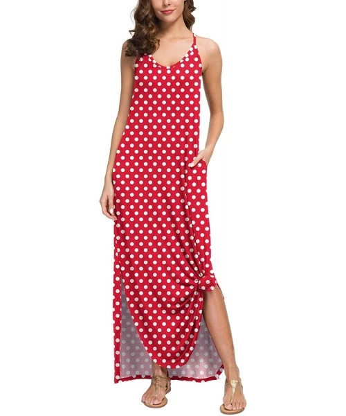 Cover-Ups Women's Summer V Neck Long Cami Casual Beach Cover Up Maxi Dresses with Pocket - 23 Fp Pd Red - CD19DL4I5S5