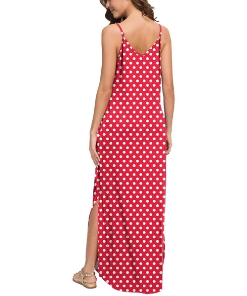 Cover-Ups Women's Summer V Neck Long Cami Casual Beach Cover Up Maxi Dresses with Pocket - 23 Fp Pd Red - CD19DL4I5S5