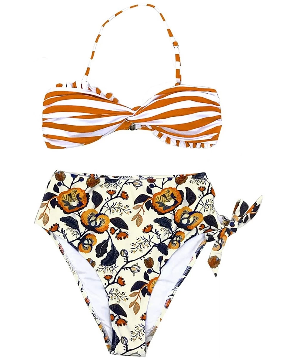 Sets Women's Tropical Print Scallop Top High Waisted Bikini - Striped - CC18NU9G69S