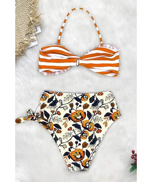 Sets Women's Tropical Print Scallop Top High Waisted Bikini - Striped - CC18NU9G69S