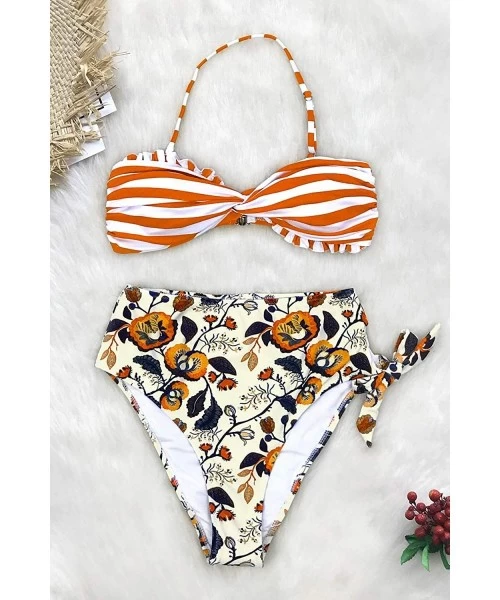 Sets Women's Tropical Print Scallop Top High Waisted Bikini - Striped - CC18NU9G69S