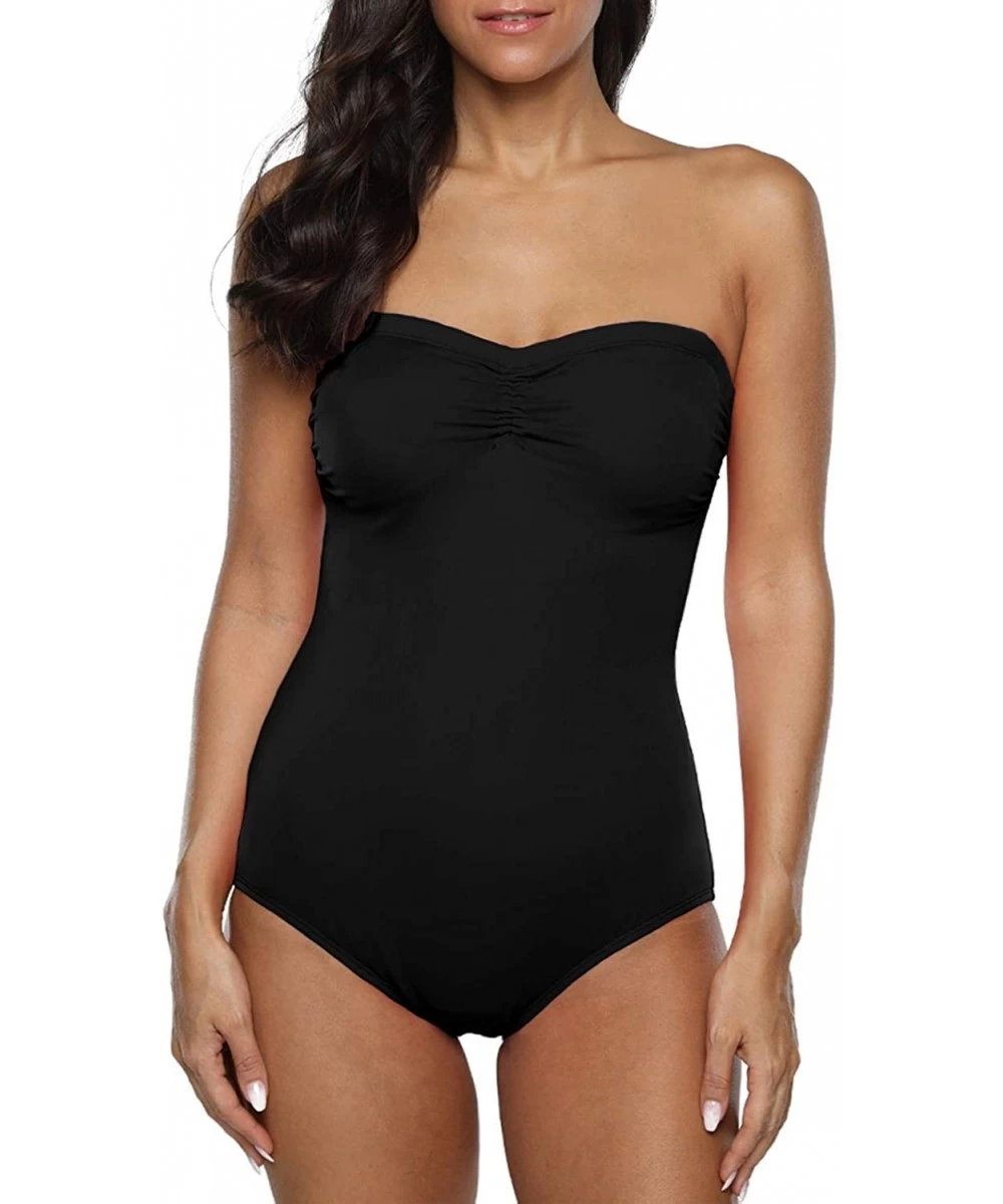 Racing Women's One Piece Swimsuits Bandeau Bathing Suits with Front Drawstring - Black - C0192SCERMR