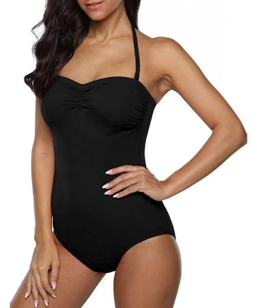 Racing Women's One Piece Swimsuits Bandeau Bathing Suits with Front Drawstring - Black - C0192SCERMR