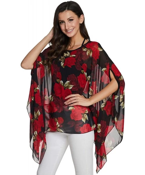 Cover-Ups Womens Floral Printed Batwing Sleeve Chiffon Caftan Poncho Blouse Summer Tunic Tops Beach Cover Up - Boho 26 - CV19...