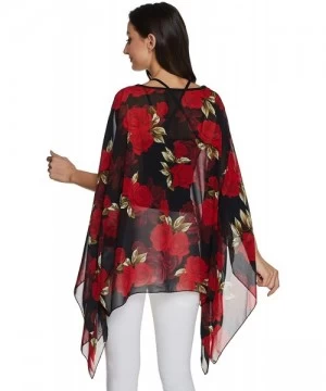 Cover-Ups Womens Floral Printed Batwing Sleeve Chiffon Caftan Poncho Blouse Summer Tunic Tops Beach Cover Up - Boho 26 - CV19...