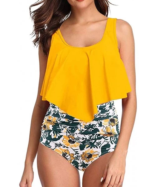 One-Pieces Women Two Piece Bathing Suits Ruffled Racerback Top Sunflower Print High Waisted Tankini - Z01-yellow - CR19CXY4IXN