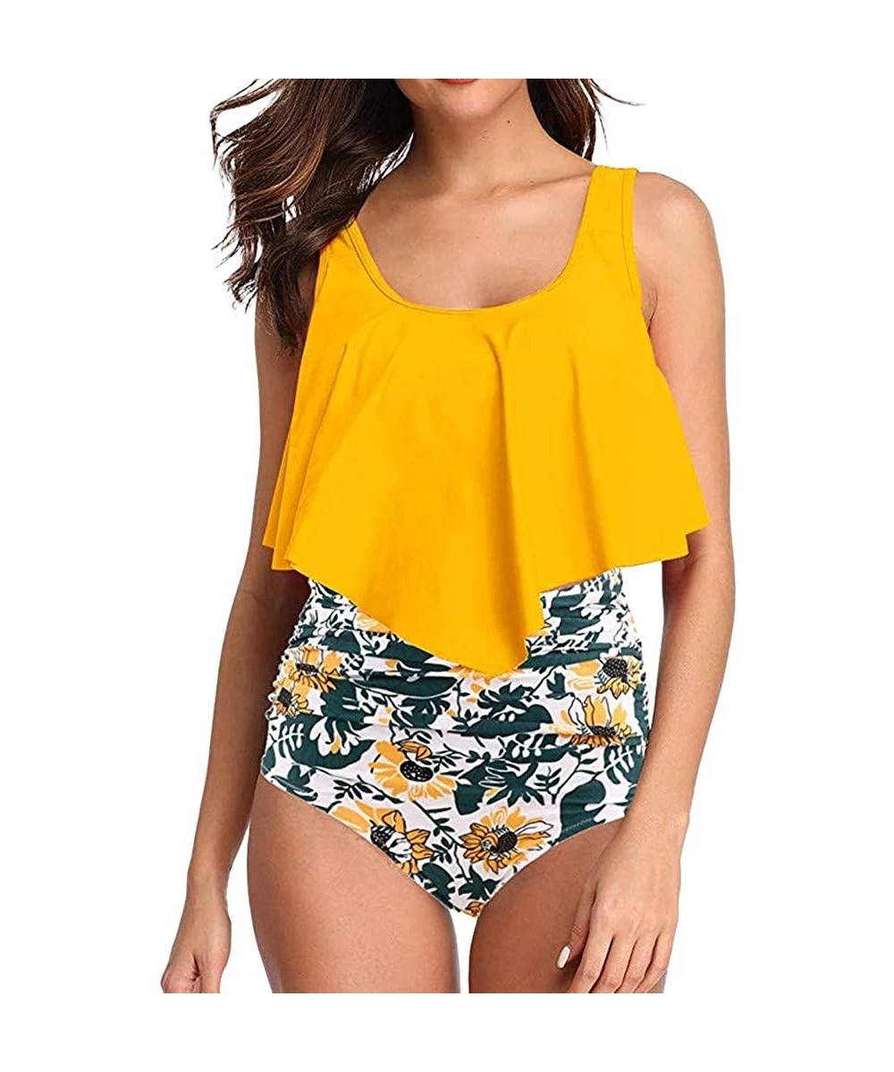 One-Pieces Women Two Piece Bathing Suits Ruffled Racerback Top Sunflower Print High Waisted Tankini - Z01-yellow - CR19CXY4IXN