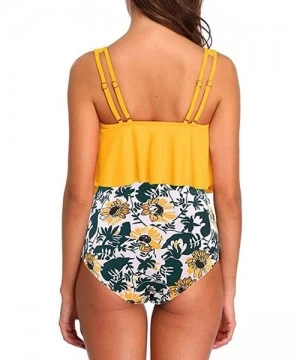 One-Pieces Women Two Piece Bathing Suits Ruffled Racerback Top Sunflower Print High Waisted Tankini - Z01-yellow - CR19CXY4IXN