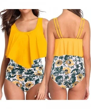 One-Pieces Women Two Piece Bathing Suits Ruffled Racerback Top Sunflower Print High Waisted Tankini - Z01-yellow - CR19CXY4IXN