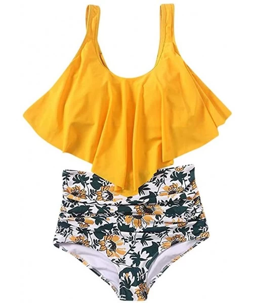 One-Pieces Women Two Piece Bathing Suits Ruffled Racerback Top Sunflower Print High Waisted Tankini - Z01-yellow - CR19CXY4IXN