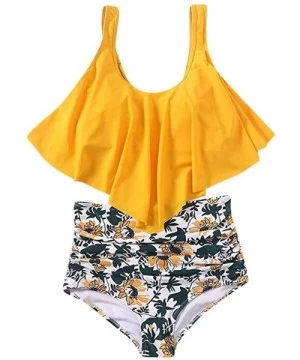 One-Pieces Women Two Piece Bathing Suits Ruffled Racerback Top Sunflower Print High Waisted Tankini - Z01-yellow - CR19CXY4IXN