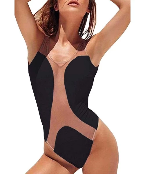 One-Pieces Women One Piece Tropical Printed Swimsuit High Neck Monokin - Black - CD1977GDOZ8