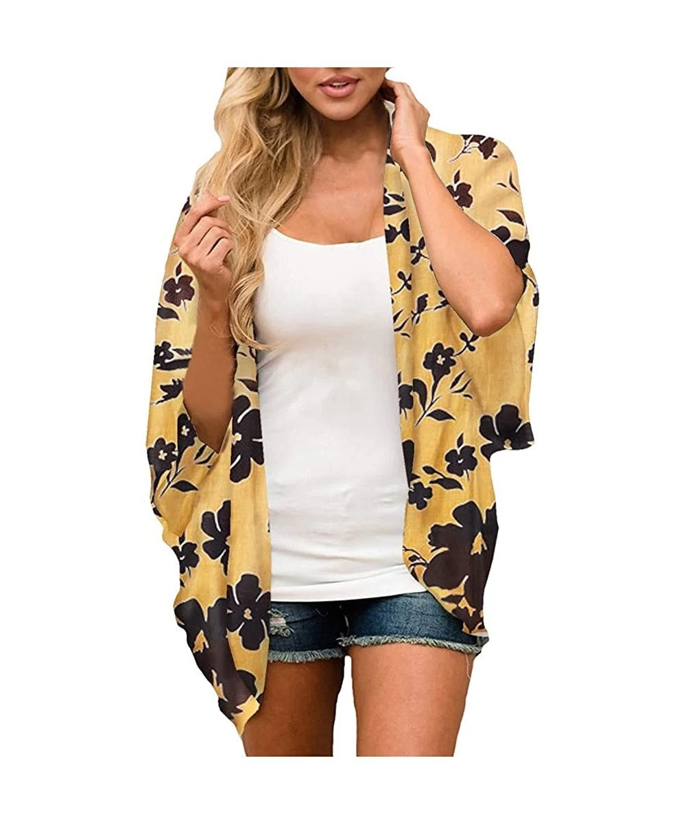 Cover-Ups Women Print Kimono Cardigan V Neck Loose Beach Cover Up Floral Print Sheer Chiffon Loose Kimono Cardigan Capes B ye...