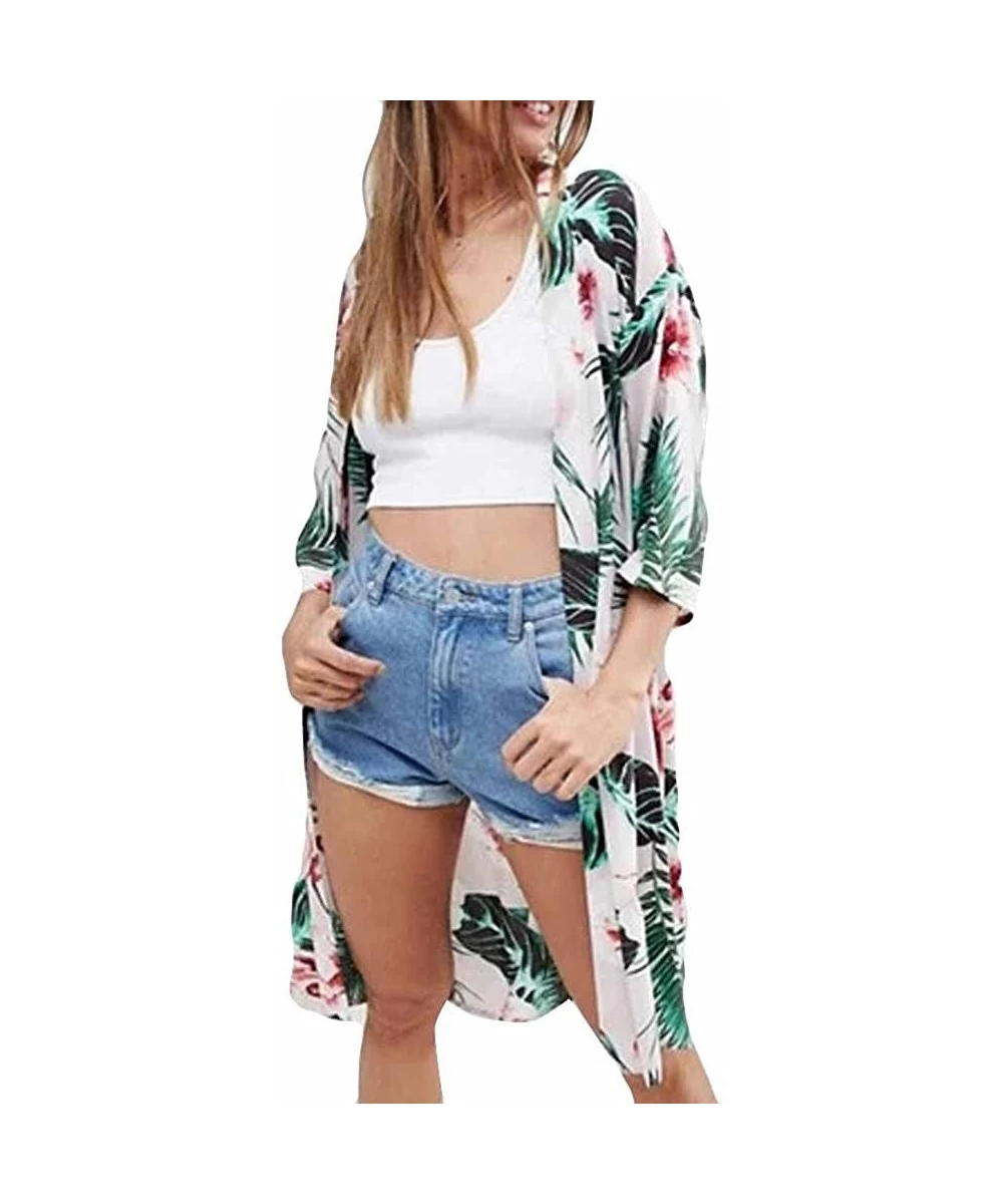 Cover-Ups Kimono Cardigans for Women Summer Beach Floral Chiffon Long Bikini Cover-up Tops - White 07 - CD18T8QIHHG