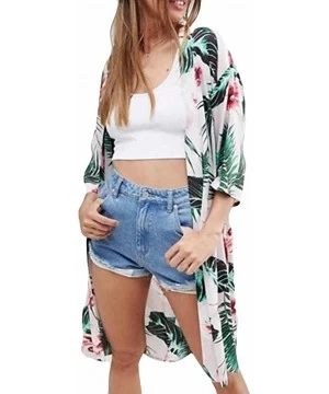 Cover-Ups Kimono Cardigans for Women Summer Beach Floral Chiffon Long Bikini Cover-up Tops - White 07 - CD18T8QIHHG