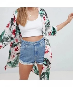 Cover-Ups Kimono Cardigans for Women Summer Beach Floral Chiffon Long Bikini Cover-up Tops - White 07 - CD18T8QIHHG