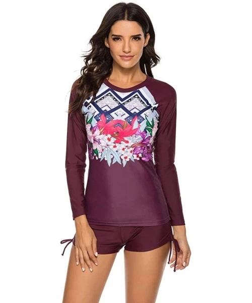 Tankinis Women's Long Sleeve Rashguard UPF 50 Sun Protection Swimsuit Top Swim Shirts with Boy Short Bottom - Wine - CF196DE74ST