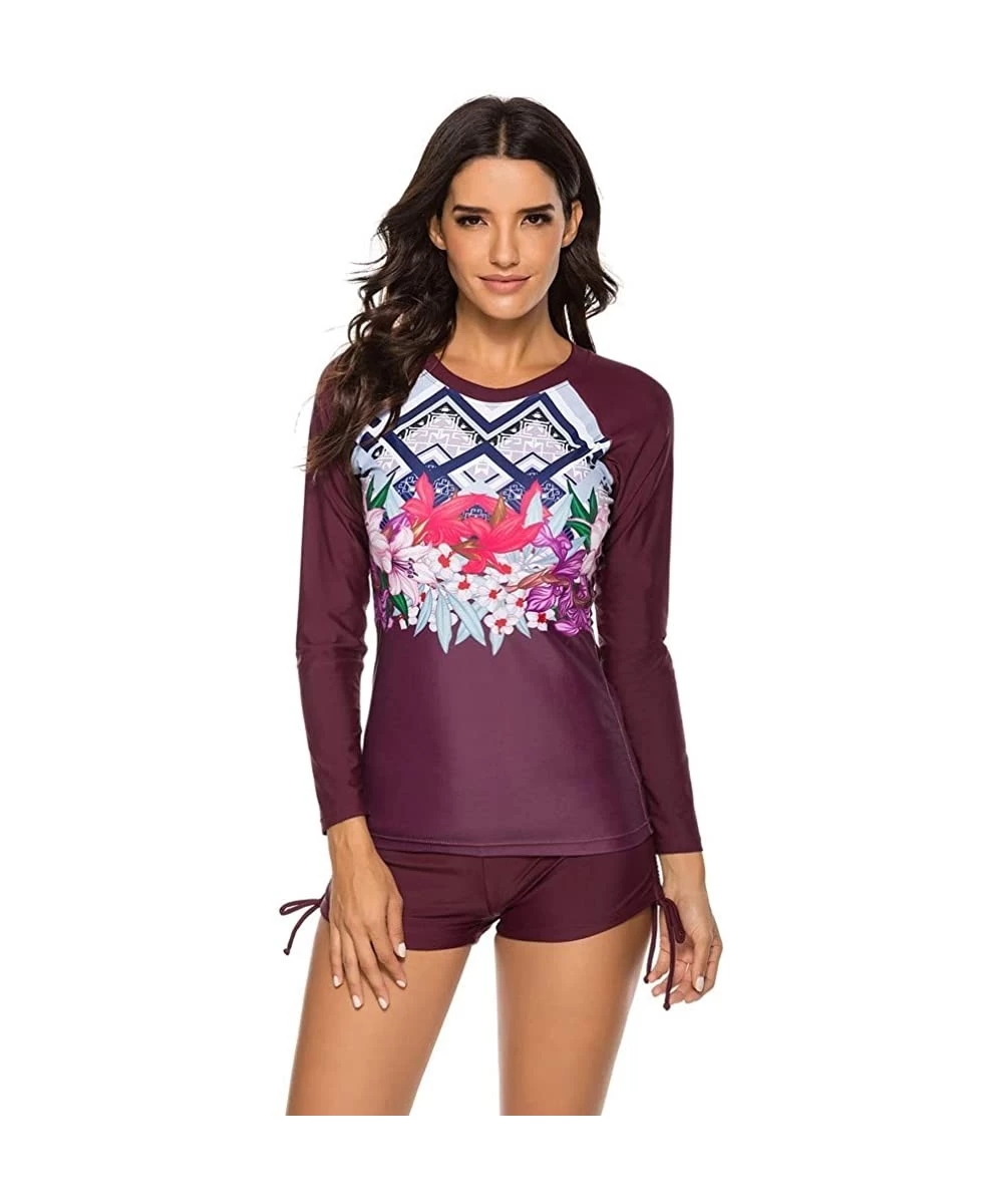 Tankinis Women's Long Sleeve Rashguard UPF 50 Sun Protection Swimsuit Top Swim Shirts with Boy Short Bottom - Wine - CF196DE74ST