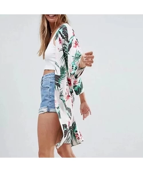 Cover-Ups Kimono Cardigans for Women Summer Beach Floral Chiffon Long Bikini Cover-up Tops - White 07 - CD18T8QIHHG