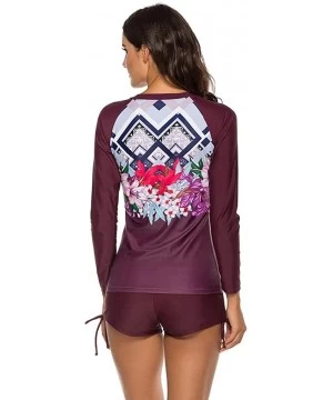 Tankinis Women's Long Sleeve Rashguard UPF 50 Sun Protection Swimsuit Top Swim Shirts with Boy Short Bottom - Wine - CF196DE74ST