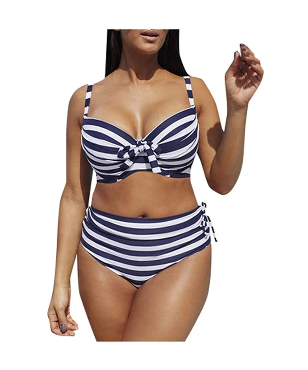 Sets Womens Plus Size Sexy Halter Two Piece High Waist Bow Fashion Swimwear Bikini Set Stripe Print Swimsuit Beachwear Blue -...