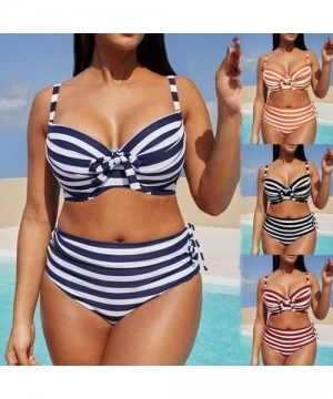 Sets Womens Plus Size Sexy Halter Two Piece High Waist Bow Fashion Swimwear Bikini Set Stripe Print Swimsuit Beachwear Blue -...