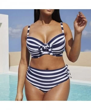 Sets Womens Plus Size Sexy Halter Two Piece High Waist Bow Fashion Swimwear Bikini Set Stripe Print Swimsuit Beachwear Blue -...