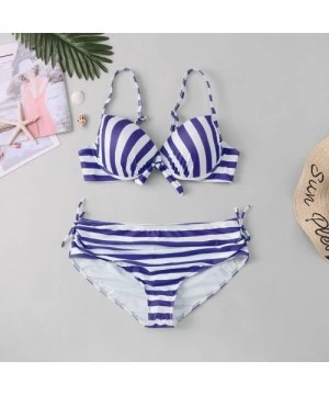 Sets Womens Plus Size Sexy Halter Two Piece High Waist Bow Fashion Swimwear Bikini Set Stripe Print Swimsuit Beachwear Blue -...