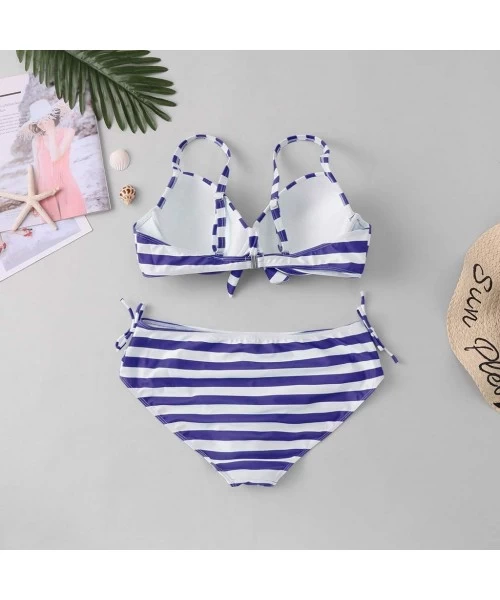 Sets Womens Plus Size Sexy Halter Two Piece High Waist Bow Fashion Swimwear Bikini Set Stripe Print Swimsuit Beachwear Blue -...