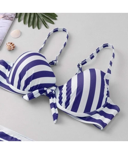 Sets Womens Plus Size Sexy Halter Two Piece High Waist Bow Fashion Swimwear Bikini Set Stripe Print Swimsuit Beachwear Blue -...